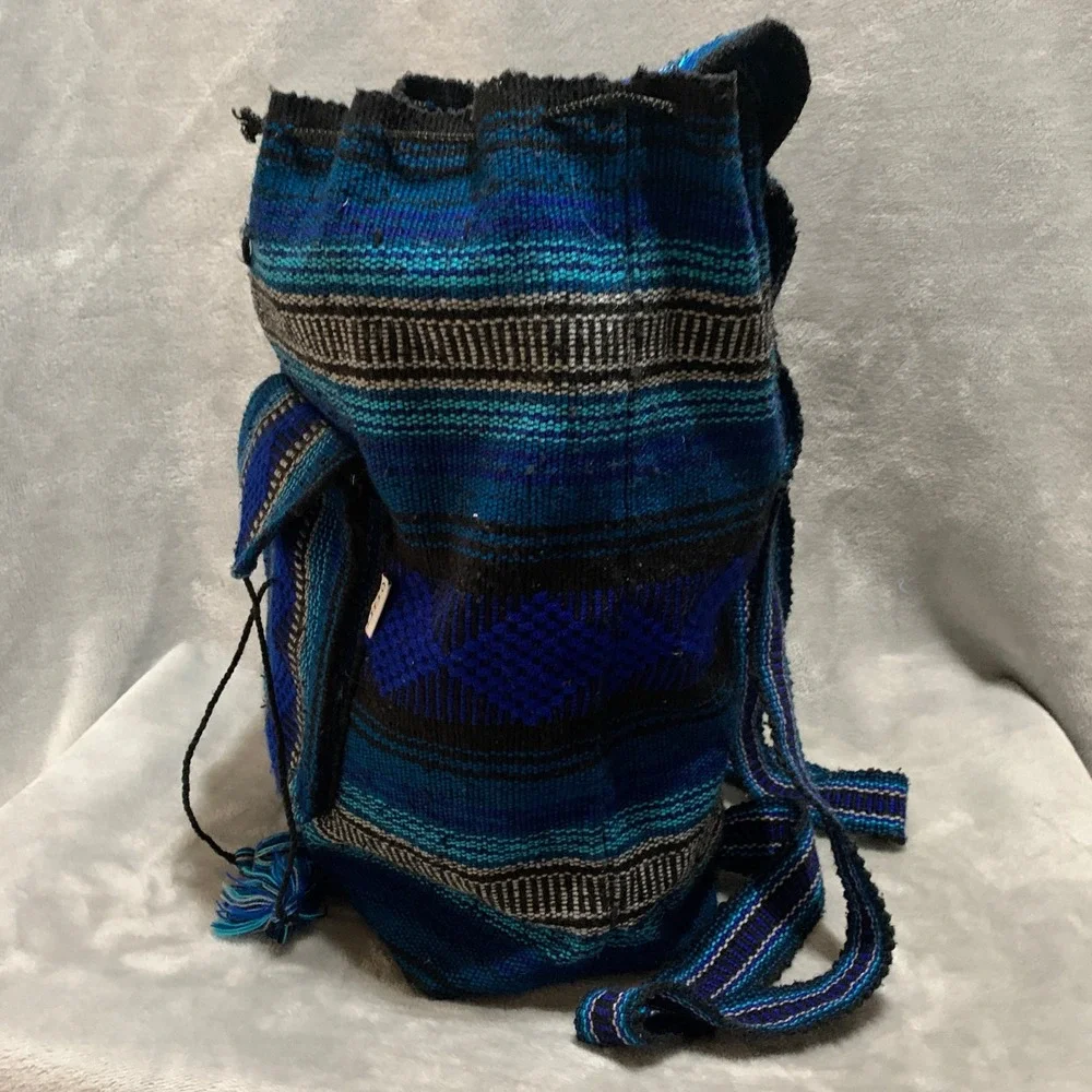 Lillo Woven Drug Rug Backpack Blue Black Striped Boho Drawstring Rucksack‎